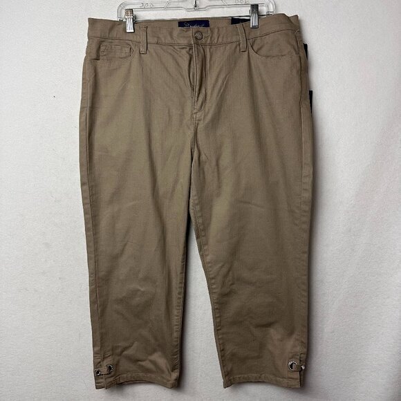 NYDJ‎ Crop Jeans Womens Size 16 Tan Beige Capri stretch snatched ankle grommet - Picture 1 of 6